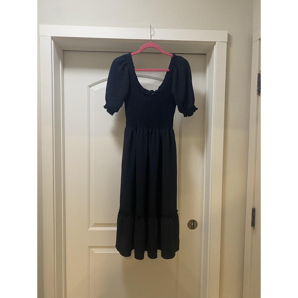 Hill House The Louisa Nap Dress Womens XS Black Smocked Puff Sleeve Midi Ruffle - Picture 2 of 4